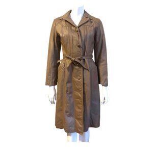 Vintage 70s Leather Trench Coat Nude Mocha Belted 3/4 Length Fitted Boho XS/S